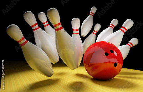 bowling skittles and bowling ball red. 3D render