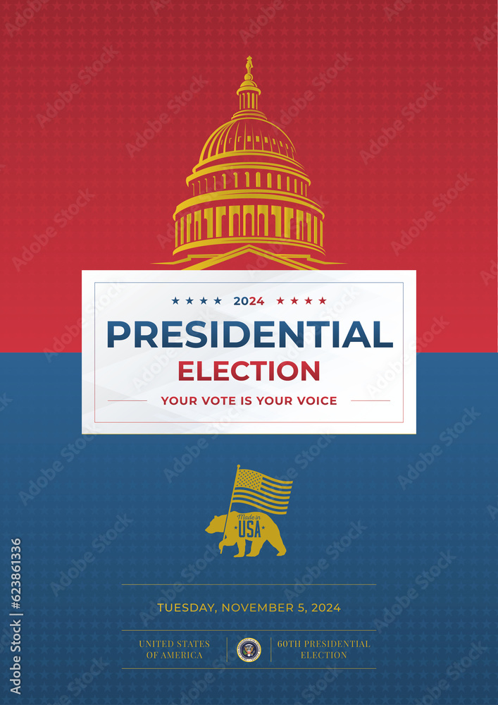  2024 United States Presidential Elections Banner with US symbols and colors. Stars, US Flag . Vote. United States of America Election design