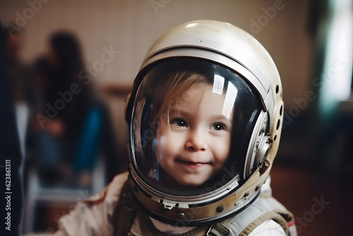 A small child imagines himself to be an astronaut in an astronaut\'s helmet.
