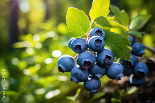 Blueberries on a bush in a summer sunny forest