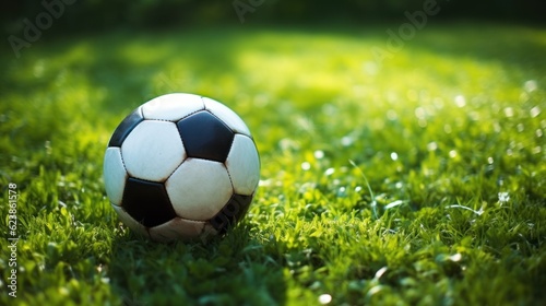 Black and white football on green grass