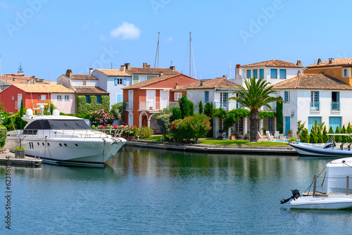 Colorful houses in Port Grimaud, village on Mediterranean sea with yacht harbour, Provence, summer vacation in France