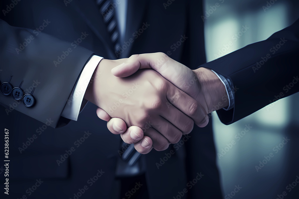 A symbol of success and partnership, two businessmen confidently seal the deal with a firm handshake, embodying professionalism and mutual trust (Generative AI)