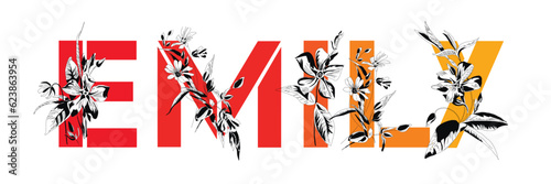 Woman's name Emily. Font composition named EMILY. Decorative floral font. Typography in the style of art nouveau, modern, vintage.