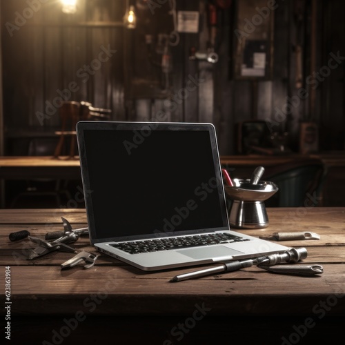 laptop and wrench on desk