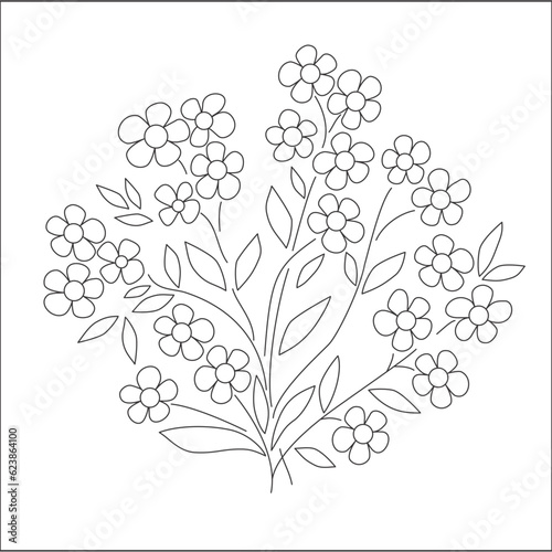 Bouquet of wild flowers in ethnic style. Folk floral print and embroidery pattern. Hand drawing vector illustration. Graphic design of summer flowers. Monochrome black and white design.