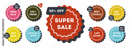 Sale offer price sign set. Discount 10%, 20%, 30%, 40%, 50%, 60%, 70%, 80%, 90%. 9 elements