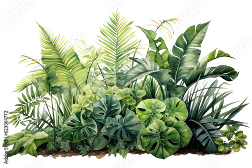 Tropical leaves banner isolated on transparent background  PNG. Fresh tropic plant leaf variety. 