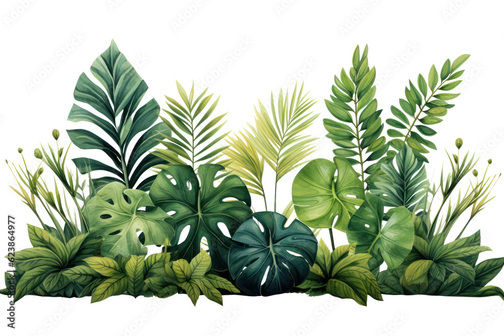 Fototapeta premium Tropical leaves banner isolated on transparent background, PNG. Fresh tropic plant leaf variety.