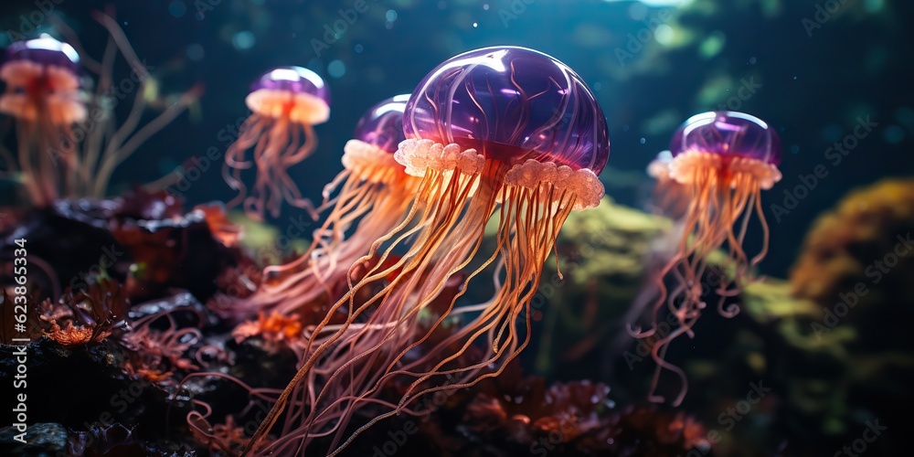 AI Generated. AI Generative. Red jellyfish underwater wildlife sea ocean aquarium life. Graphic Art AI Generated. AI Generative. Red jellyfish underwater wildlife sea ocean aquarium life. Graphic Art