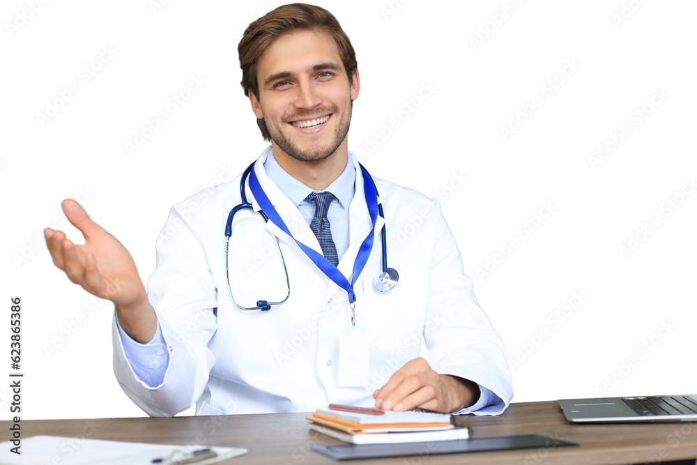 Smiling handsome male doctor talking at camera with patient on a transparent background Smiling handsome male doctor talking at camera with patient on a transparent background
