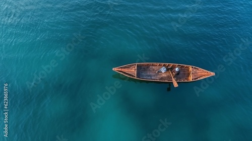Fishing from a boat in the open ocean, a hobby of catching fish. Beautiful seascape, aerial view. Place for text. Generative AI © Marynkka_muis
