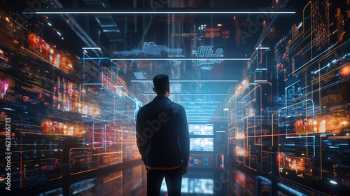  Digital graphics Futuristic 3D Concept, Big Data Center, Chief Technology Officers Standing In Warehouse, Information Digitalization Lines, technology and data, Generative AI.