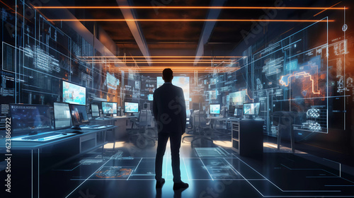  Digital graphics Futuristic 3D Concept, Big Data Center, Chief Technology Officers Standing In Warehouse, Information Digitalization Lines, technology and data, Generative AI.