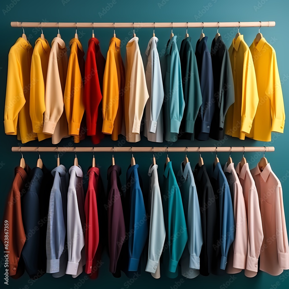 Colorful shirts hanging on a clothes rack Colorful shirts hanging on a clothes rack