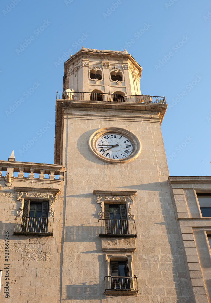 Clock tower in Alicante old town, Spain