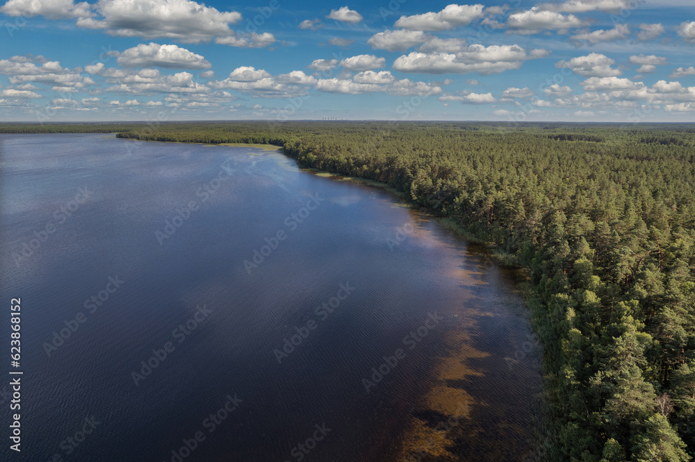 Aerial drone view over White Lake in Rivne region, Ukraine.