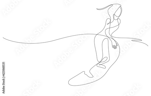 woman wave surfing balancing line art in one line drawing