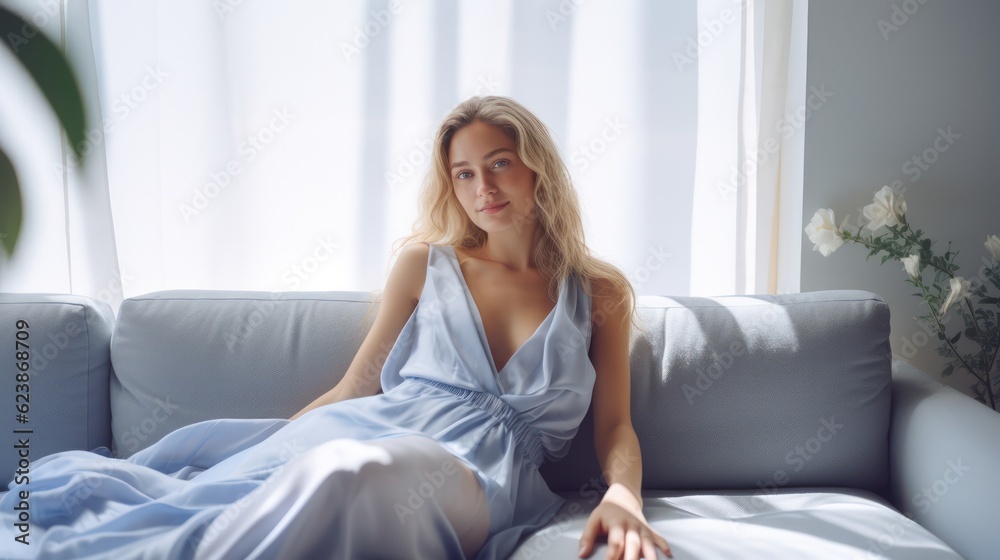 portrait of an elegant young woman sitting on the sofa. Beautiful Caucasian woman relaxing at home. Stay at home concept. Generative Ai. portrait of an elegant young woman sitting on the sofa. Beautiful Caucasian woman relaxing at home. Stay at home concept. Generative Ai.
