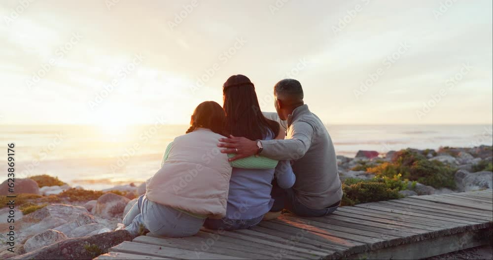 Love, hug and travel with family at beach for relax, embrace and seaside adventure. Happiness, support and happy with back of parents and child in nature for vacation, sunset and freedom