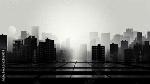 High-contrast black and white image of a minimalist cityscape, emphasizing shapes and lines.