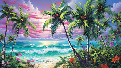 Sunset beach palm trees waves. Generative ai