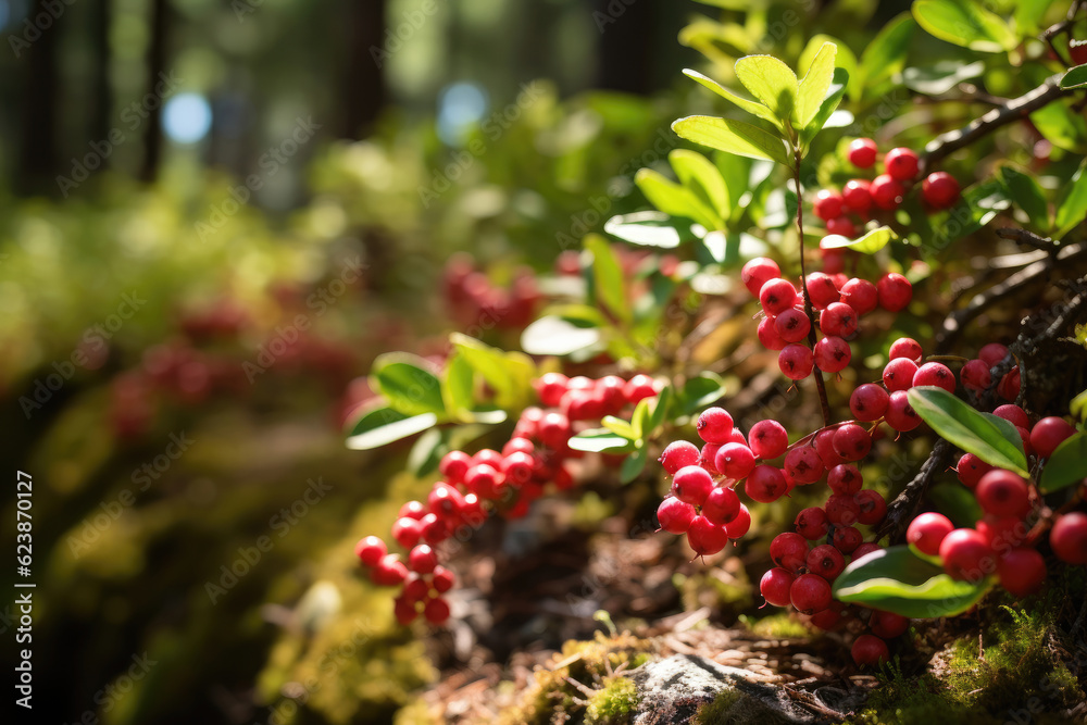 Cranberries on a bush in a summer sunny forest