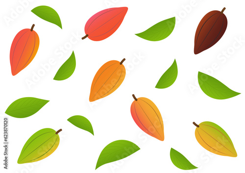 Fresh Cocoa Fruits with Leaf, Cacao Beans, Cocoa Pod. Vector Illustration Isolated on White Background.