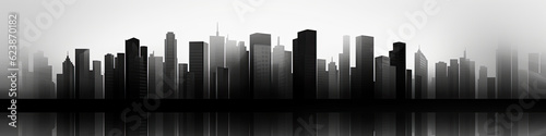 High-contrast black and white banner of a minimalist cityscape  emphasizing shapes and lines.