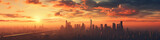 Modern city skyline during a vibrant sunset, capturing the silhouette of skyscrapers banner.