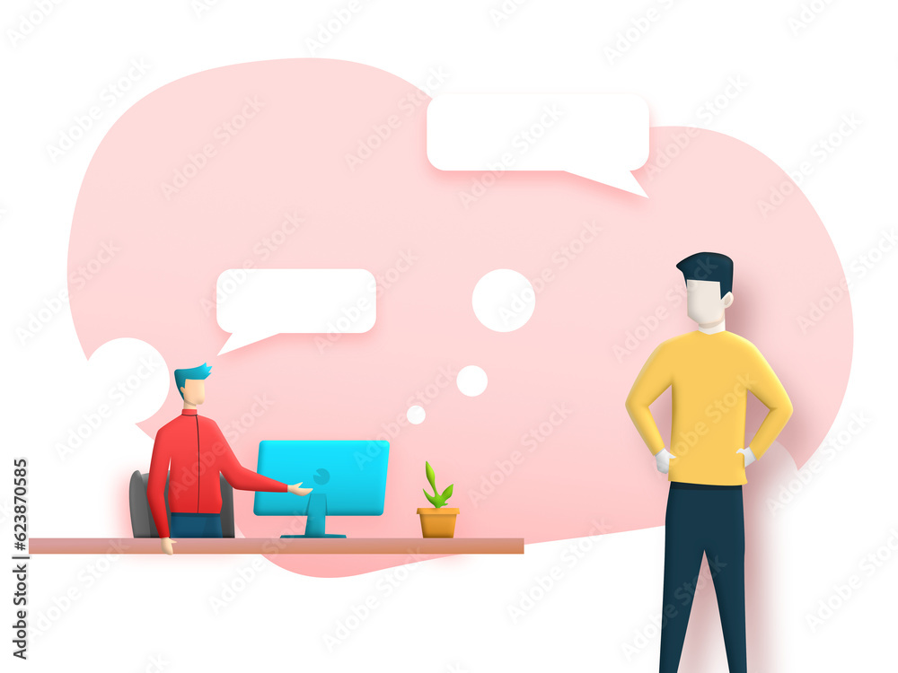 Communication People speaking about work. Men standing talk isolated on background. Male with speech bubble, computer, table and tree pot. Illustration 3D for content contact business, online network 