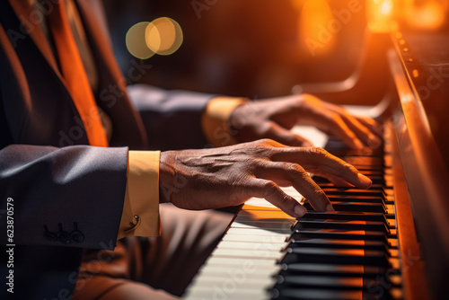 Close-up of a musician's hands playing piano, capturing the passion and skill of a live performance.