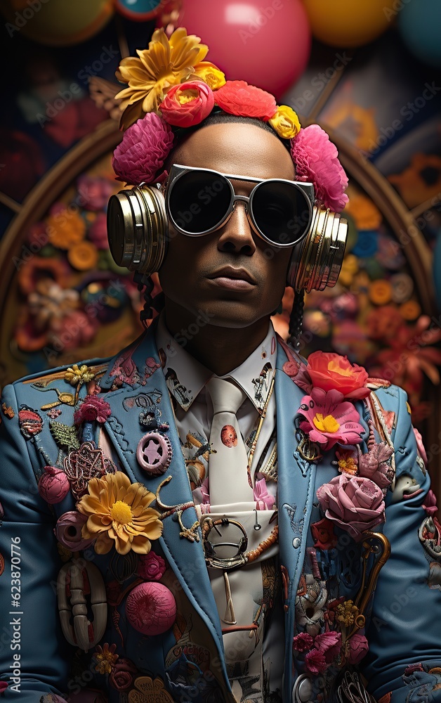 A surreal portrait of a man wearing pastel clothing and sunglasses, adorned with bright flowers, evoking a sense of wildness and adventure