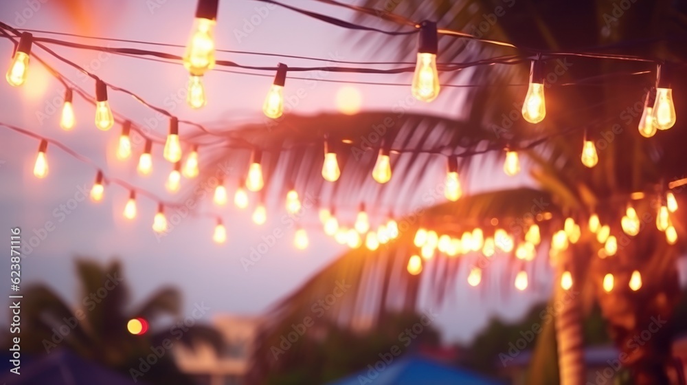 Lights garland on summer beach cafe. Illustration AI Generative.