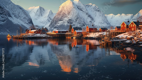 Little fishing village A on Lofoten islands in winter. Generative Ai