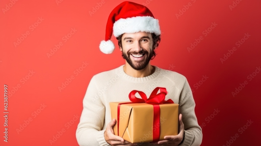 Young man with Christmas gift. Illustration AI Generative. Young man with Christmas gift. Illustration AI Generative.