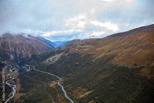 Aerial view of a mountain road in the Swiss Alps. Landscape.