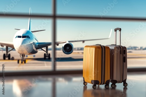 Shot of traveler luggage on terminal, airplane behind. photo