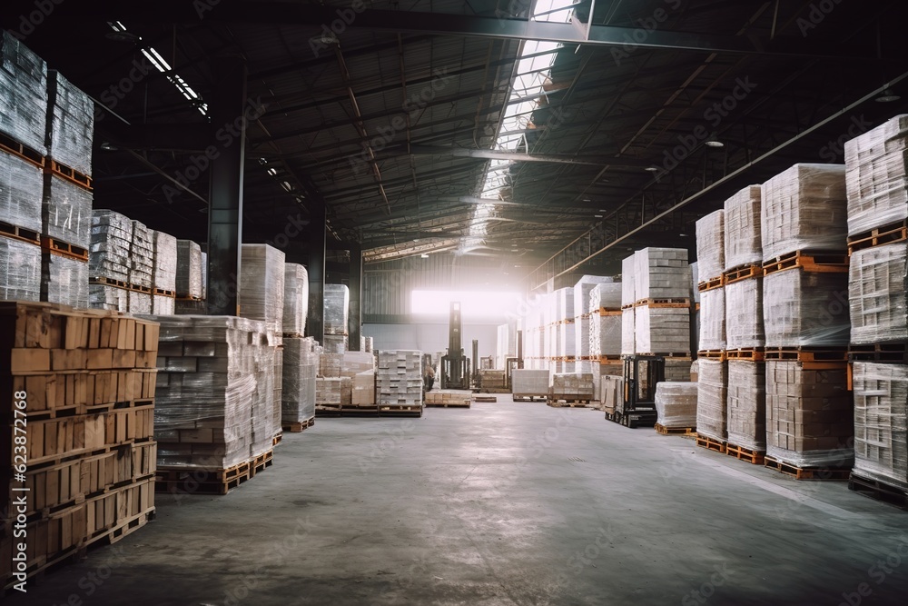 warehouse industry box storage logistic distribution industrial shelf factory business cargo good storehouse indoor package shipping store stock transportation delivery rack pallet generative ai