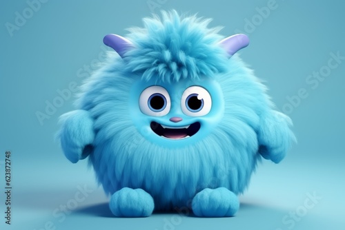 Cute blue furry monster 3D cartoon character.