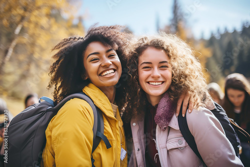 Multiracial Diverse Students happy to meet after the holidays in College or University © colnihko