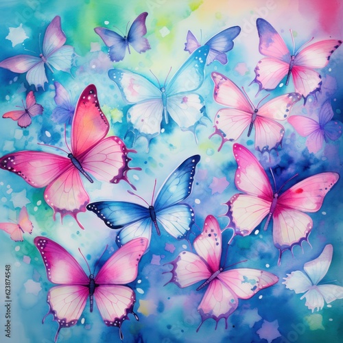 butterflies pink blue purple green watercolors soft background
