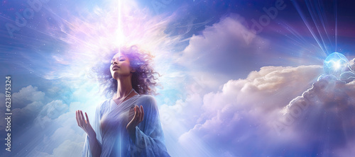 Beautiful young African America woman with closed eyes praying. Blue sky with clouds background with lights around her head.  Spiritual or religious concept. Banner with copy space. Generative AI. 