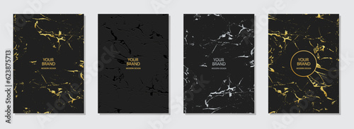 Cover design set. Unique abstract backgrounds, grunge marble texture, crack. Golden geometric pattern. Modern collection of vector vertical templates for creativity, brochure, notebook template, menu.