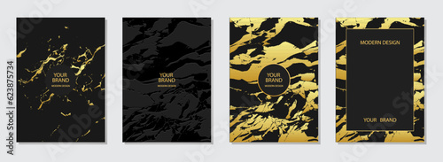 Cover design set. Luxury abstract backgrounds, marble grunge texture, crack. Geometric 3d embossed, golden pattern. Modern collection of vector vertical templates for creativity, brochure, notebook 