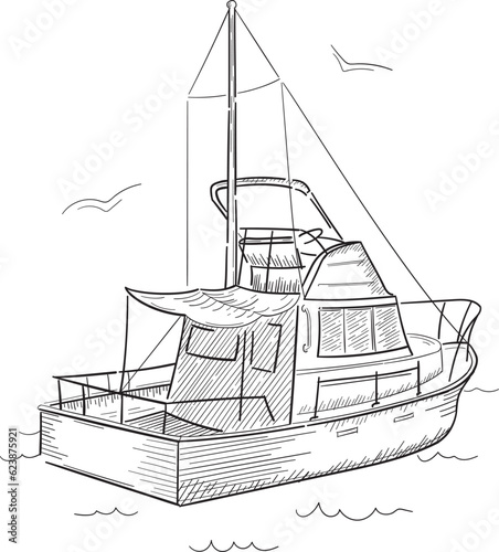 Hand drawn black and white image of a boat.