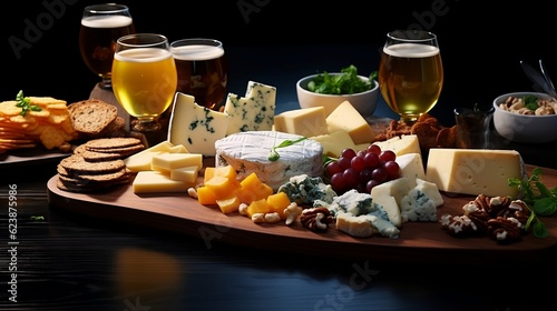 International beer day: Glasses of craft beers in a table top with various types of cheeses and snacks photo