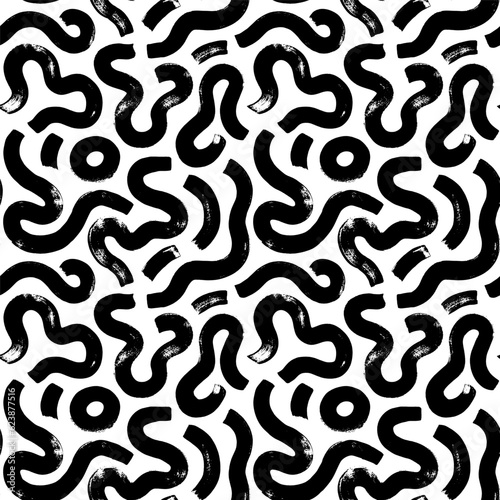Bold curved lines seamless pattern. Brush drawn wavy bold lines with circles. Abstract maze or puzzle background, stylish structure of natural cells. Vector monochrome texture. Simple squiggle smears. © Анастасия Гевко