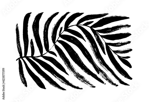 Geometric palm leaf with curved stem isolated on white background. Brush drawn Matisse style branch with wavy bold lines. Abstract geometric palm leaf in rectangle shape. Vector ink illustration.
