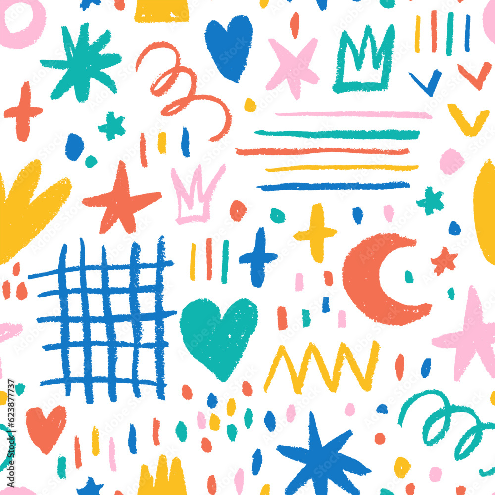 Fun colorful doodle shapes seamless pattern. Childish style charcoal drawing. Hand drawn abstract squiggles, crowns, grid, stars and dots. Multi colored doodle background for kids.